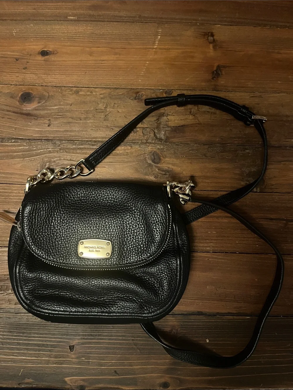 Michael Kors Black Pebble Leather Chain-Accent Crossbody